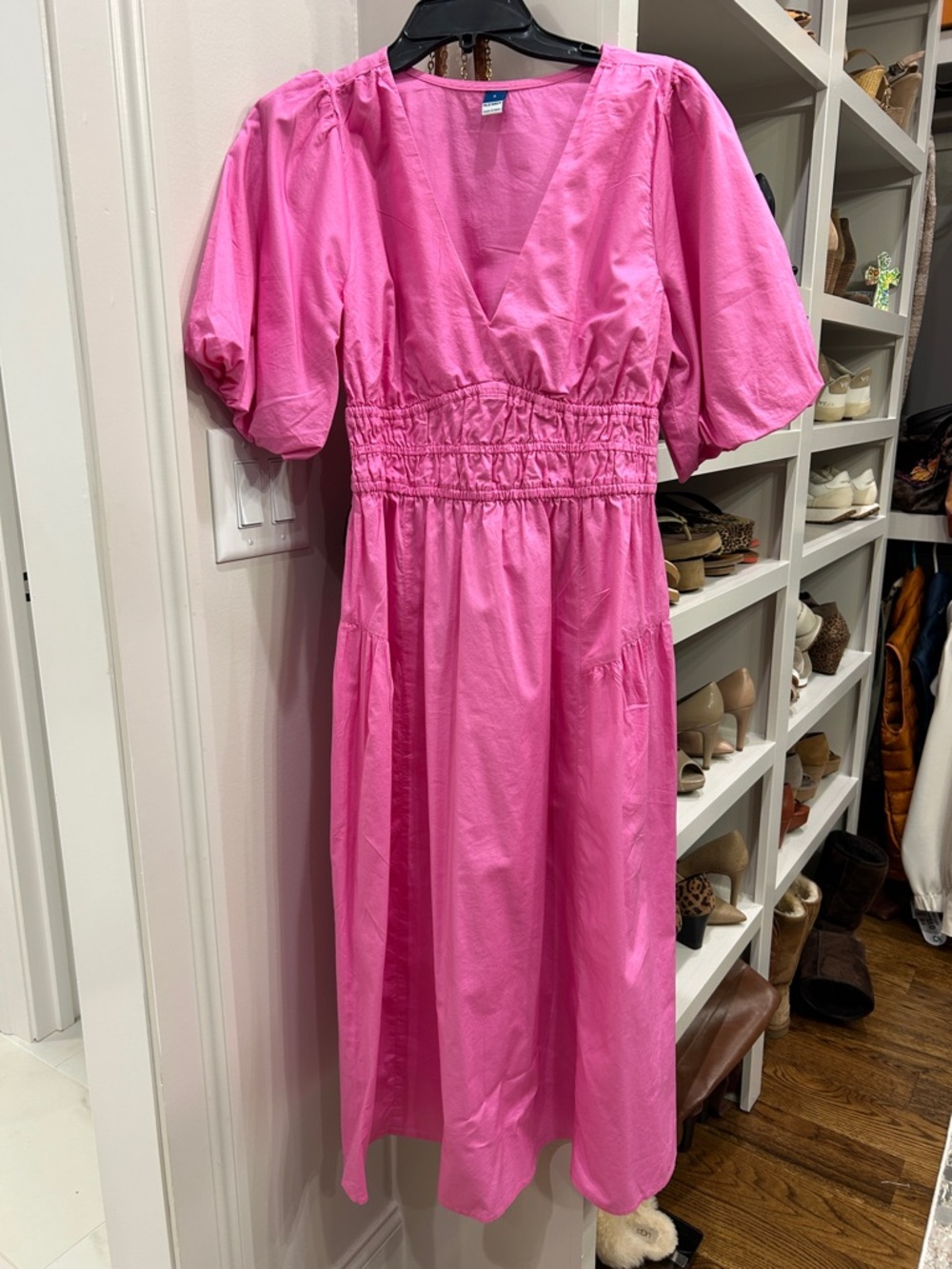 Old Navy Pink Midi Dress with Puff Sleeves